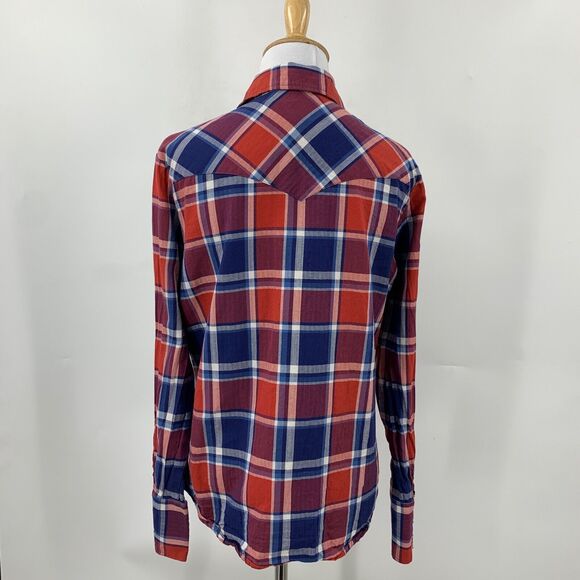 Stetson Shirt Womens M Medium Red Blue Plaid Pearl Snap Buttons Western Pockets - Picture 3 of 11